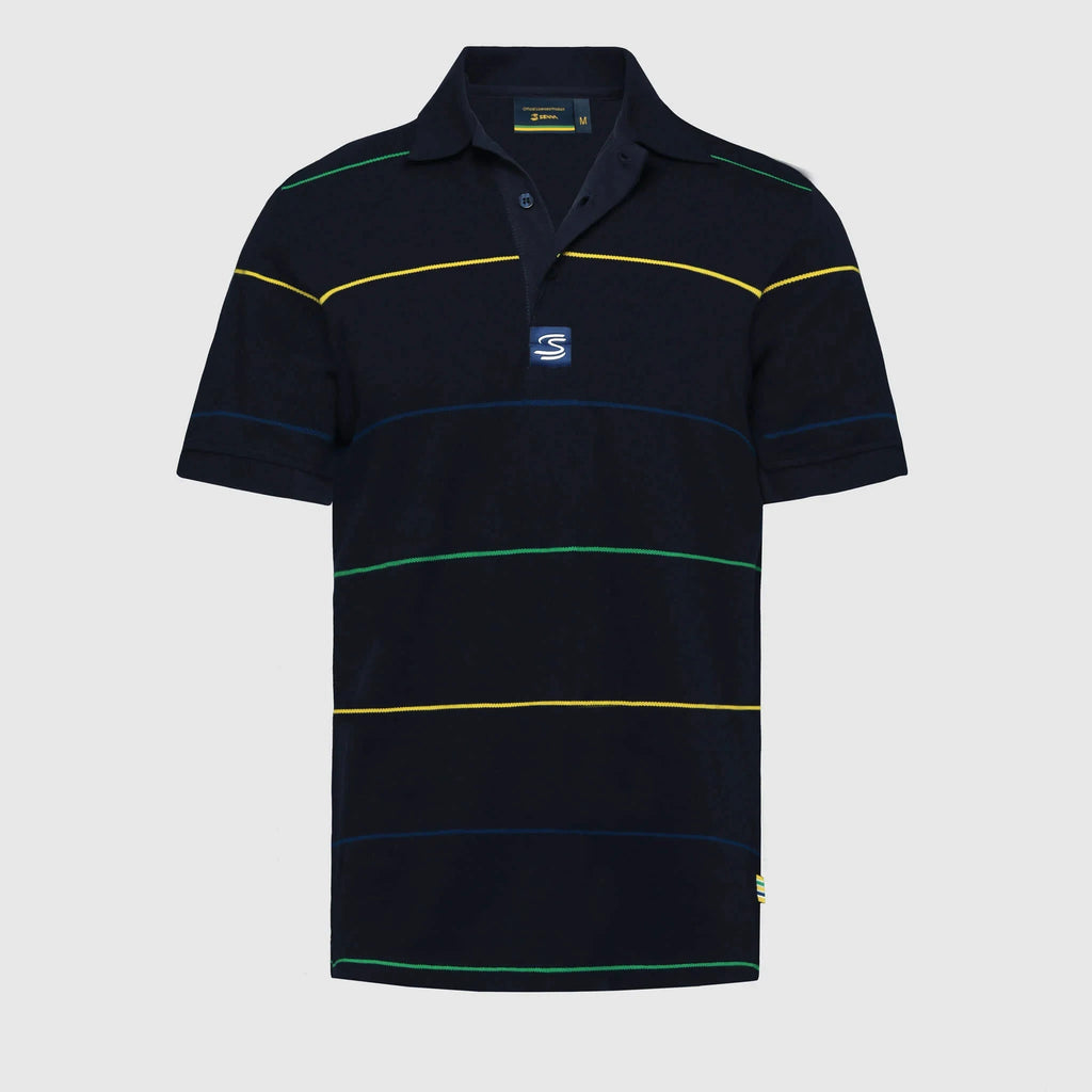 Ayrton Senna F1 Men's Stripe Polo Shirt - White/Navy Polos Ayrton Senna XS Navy 