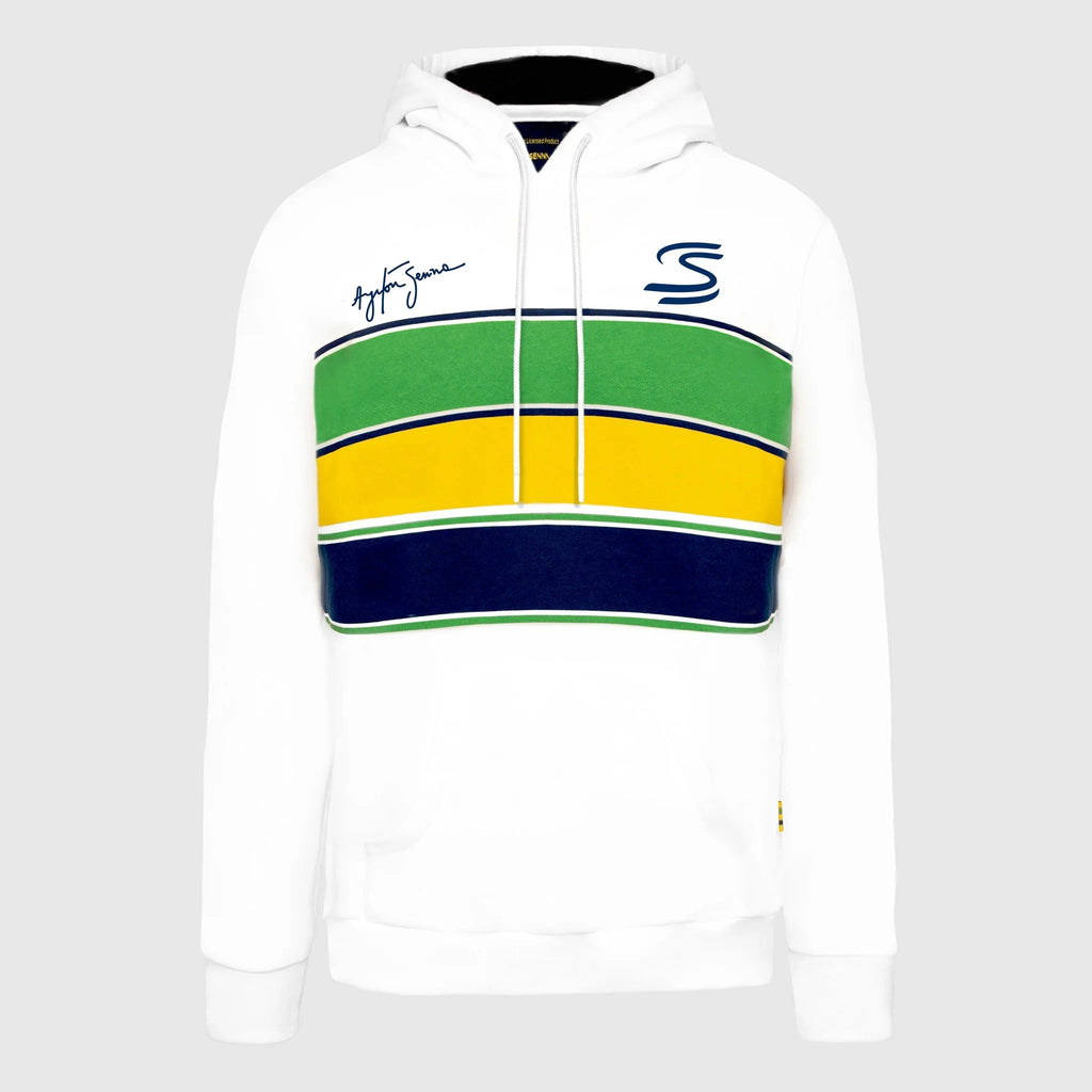 Ayrton Senna F1 Stripe Pullover Hoodie - White/Yellow Hoodies Ayrton Senna XS White 