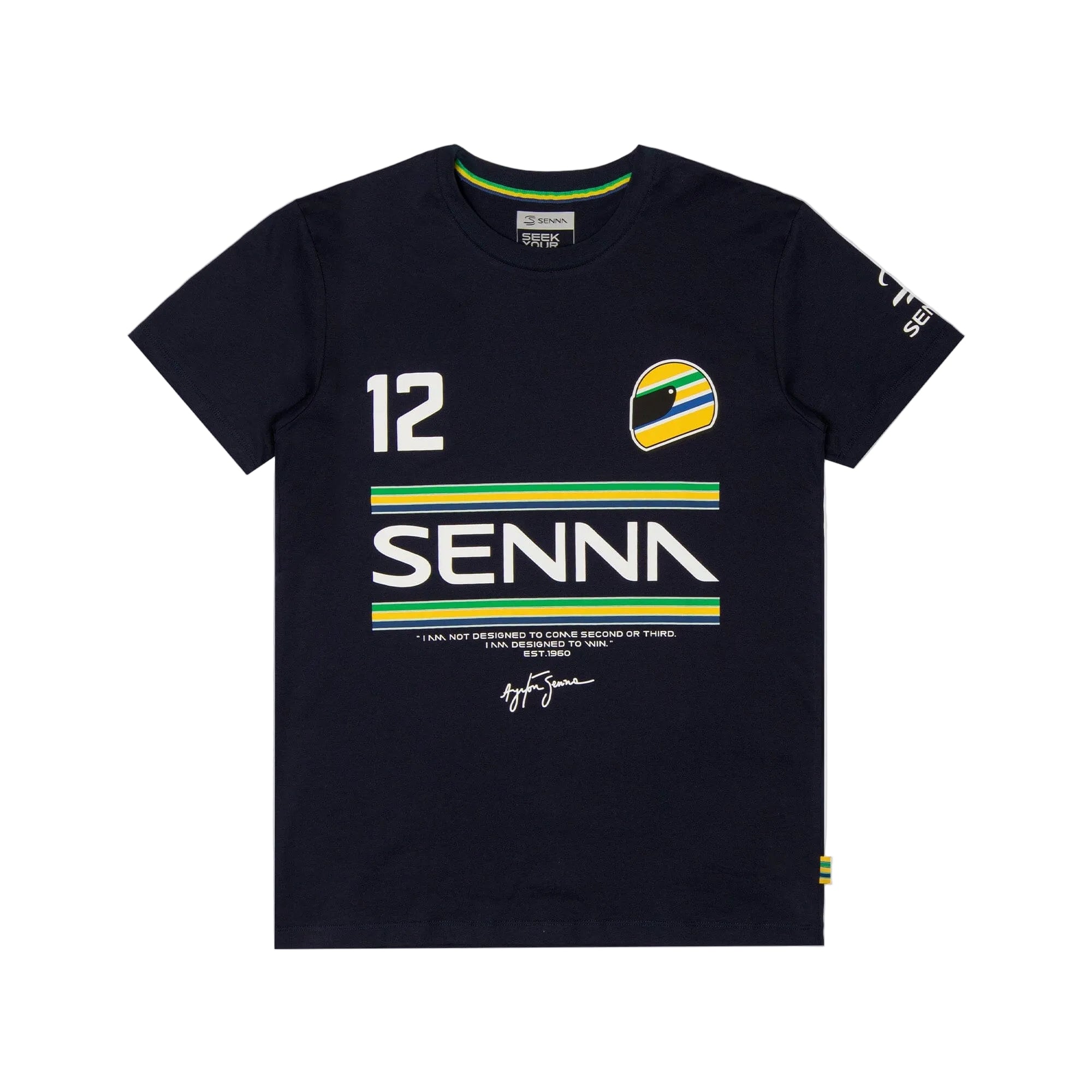 Ayrton Senna F1 Men's #12 Stripe T-Shirt - Navy/White/Yellow T-shirts Ayrton Senna XS Navy 