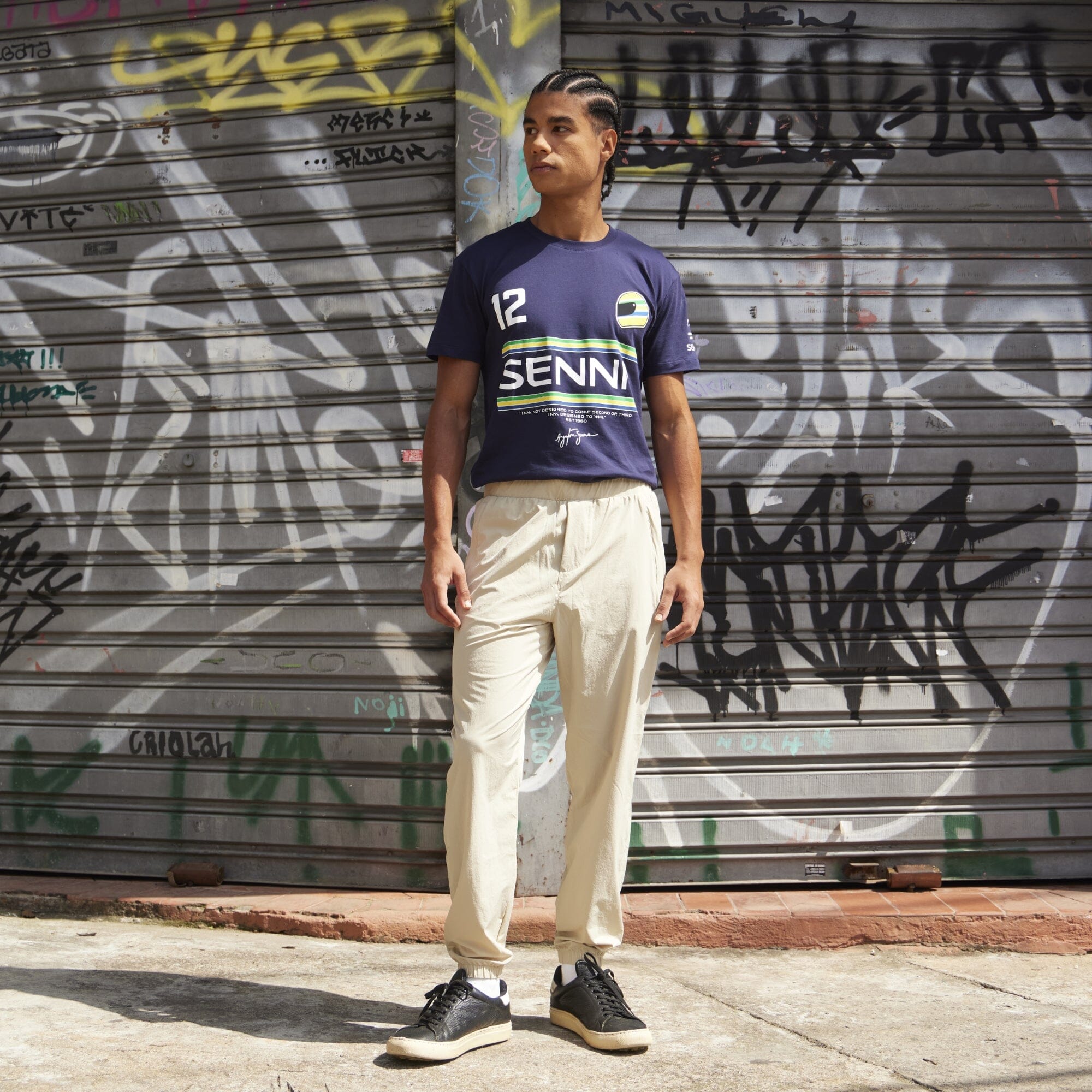 Ayrton Senna F1 Men's #12 Stripe T-Shirt - Navy/White/Yellow T-shirts Ayrton Senna 