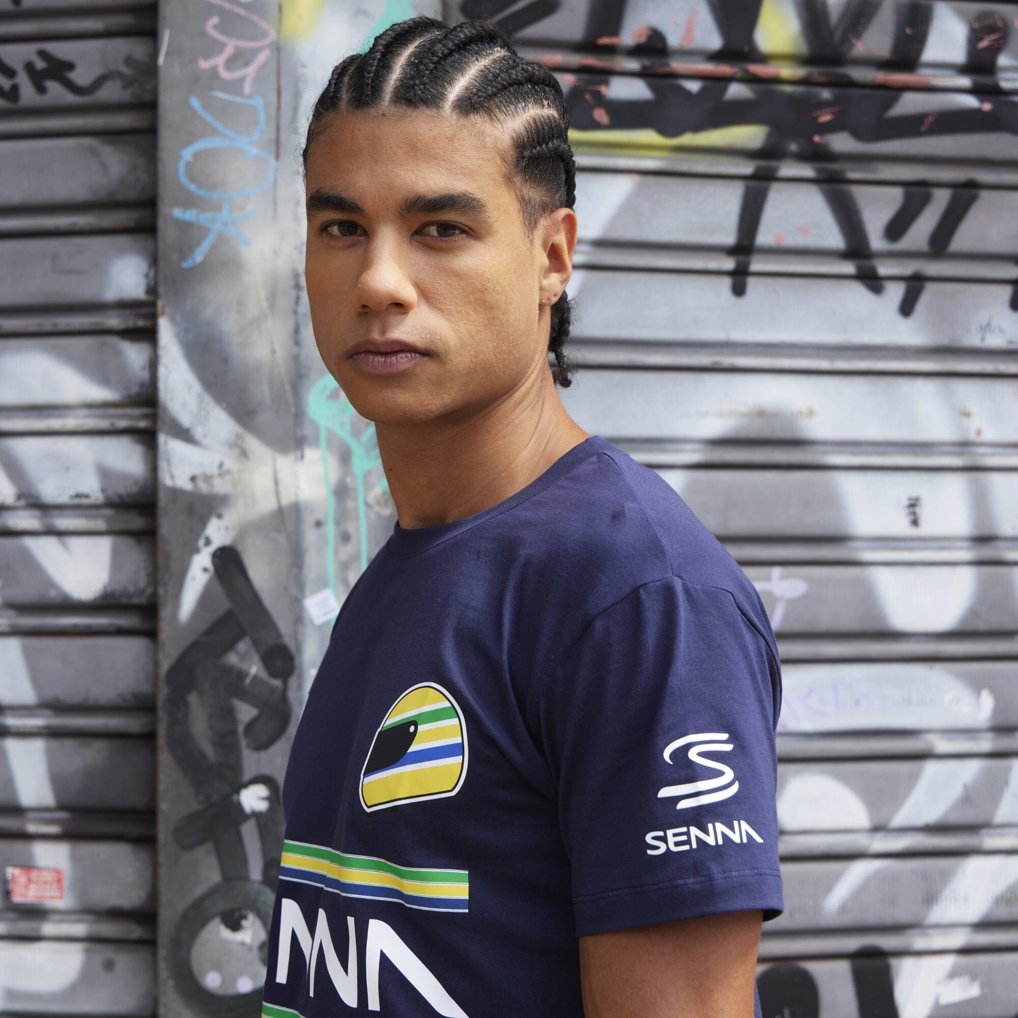Ayrton Senna F1 Men's #12 Stripe T-Shirt - Navy/White/Yellow T-shirts Ayrton Senna 