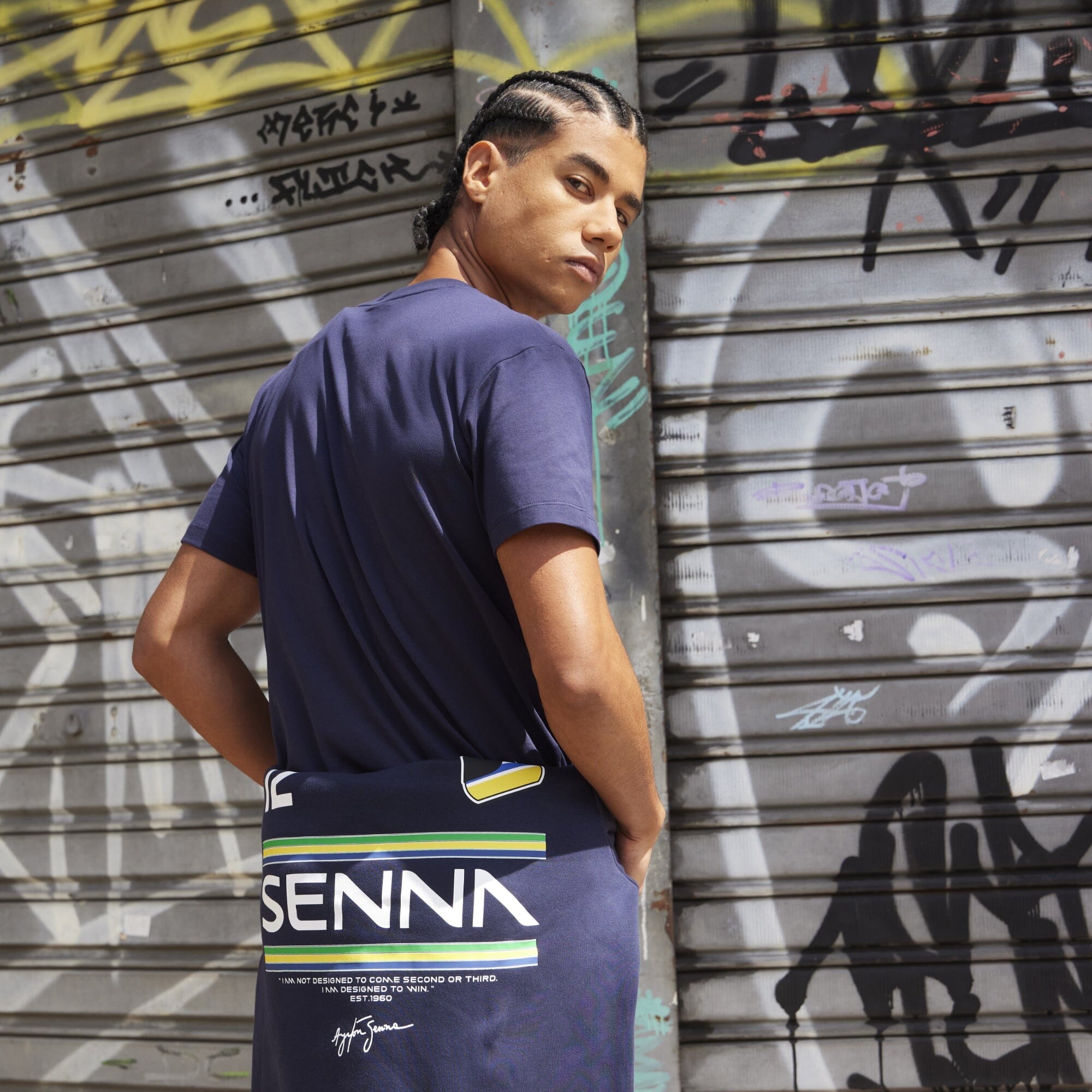 Ayrton Senna F1 Men's #12 Stripe T-Shirt - Navy/White/Yellow T-shirts Ayrton Senna 