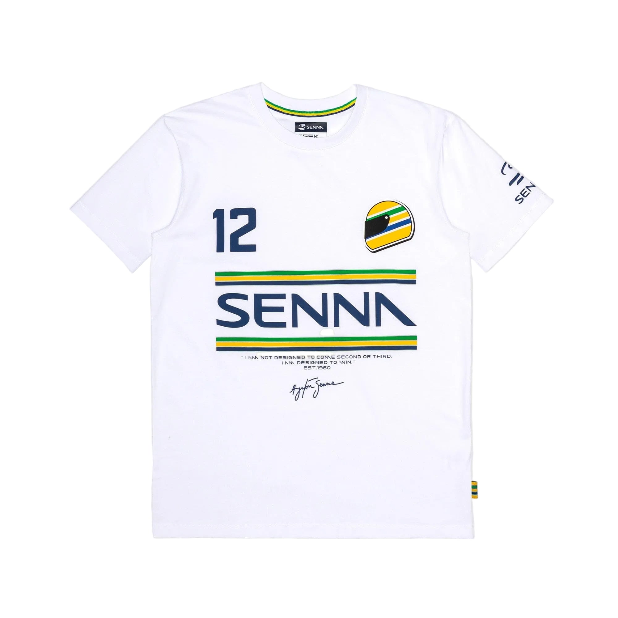 Ayrton Senna F1 Men's #12 Stripe T-Shirt - Navy/White/Yellow T-shirts Ayrton Senna XS White 