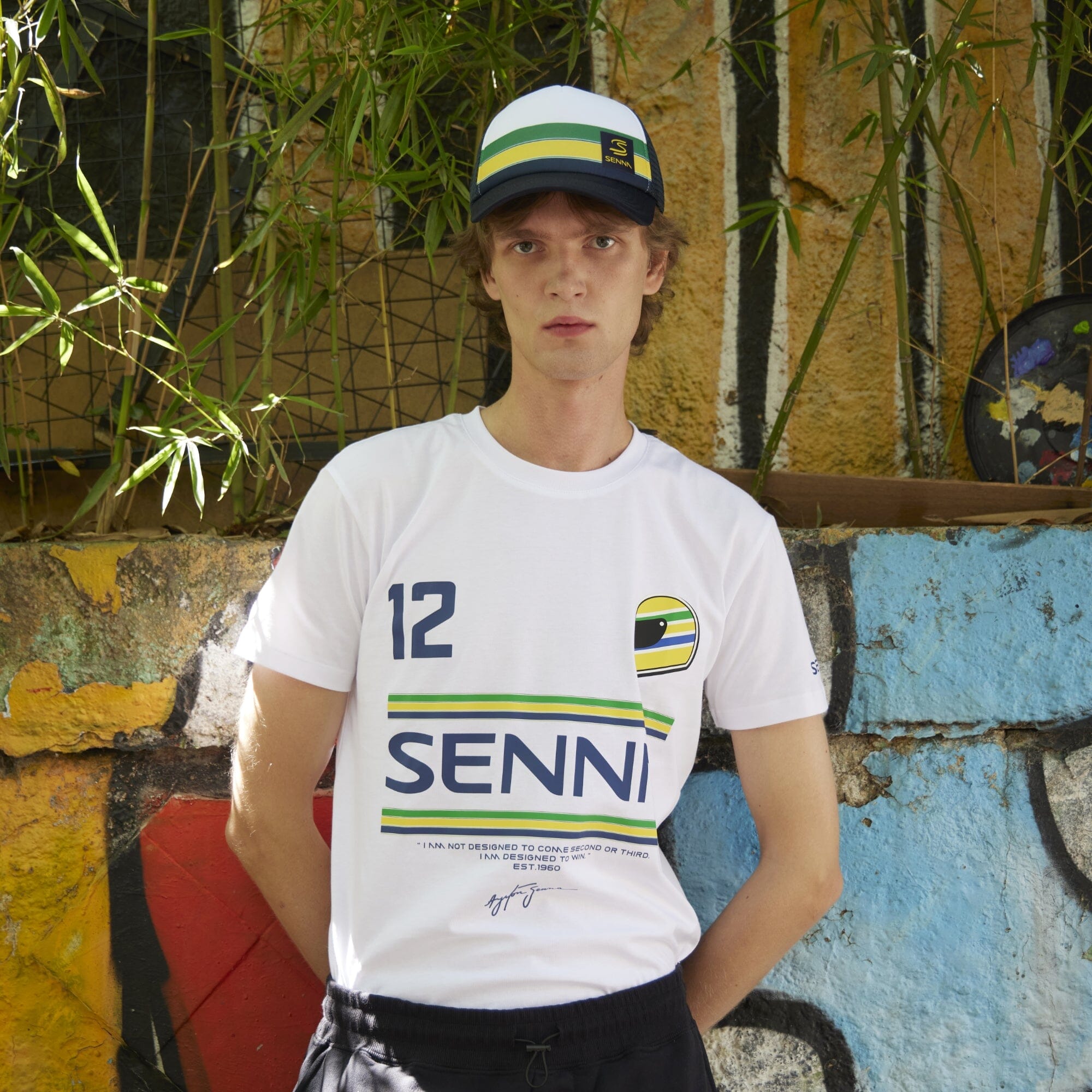 Ayrton Senna F1 Men's #12 Stripe T-Shirt - Navy/White/Yellow T-shirts Ayrton Senna 