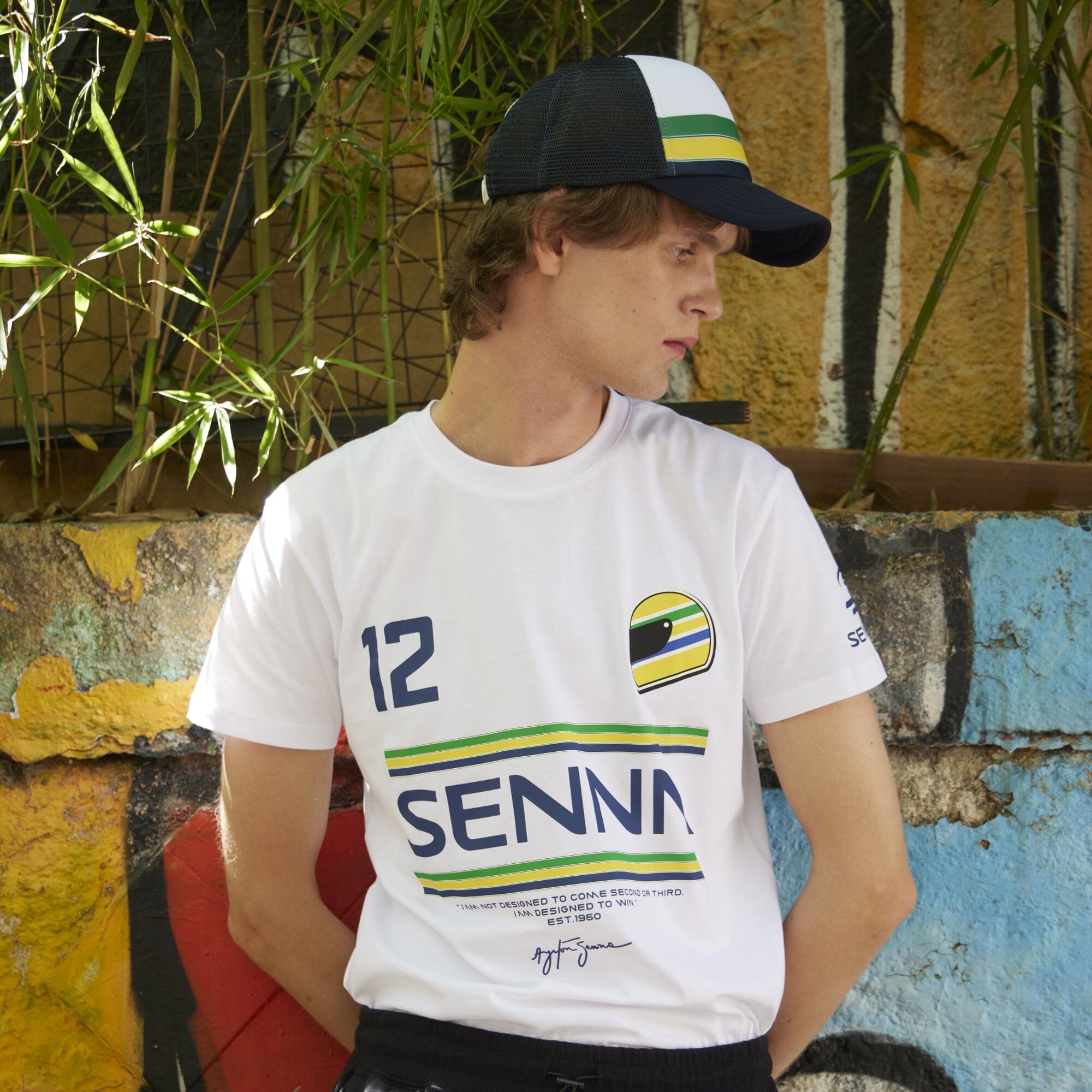 Ayrton Senna F1 Men's #12 Stripe T-Shirt - Navy/White/Yellow T-shirts Ayrton Senna 