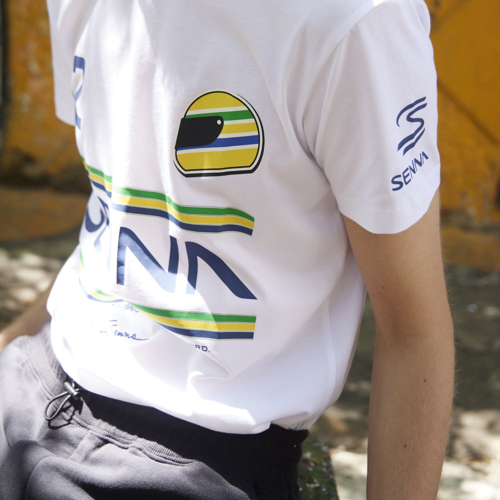 Ayrton Senna F1 Men's #12 Stripe T-Shirt - Navy/White/Yellow T-shirts Ayrton Senna 