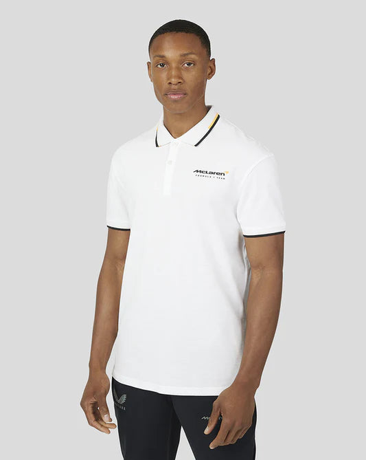McLaren F1 Men's Core Essentials Small Logo Polo Shirt -Papaya/Vega Blue/Phantom/White/Black Polos McLaren-Castore S White 