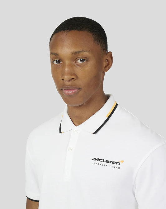 McLaren F1 Men's Core Essentials Small Logo Polo Shirt -Papaya/Vega Blue/Phantom/White/Black Polos McLaren-Castore 