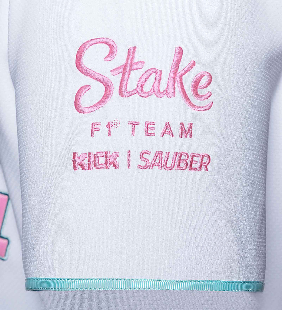 Stake F1 Kick Sauber Men's Special Edition Miami GP Flamingo White Baseball Jersey - Bottas/Zhou T-shirts Stake F1 Kick Sauber 