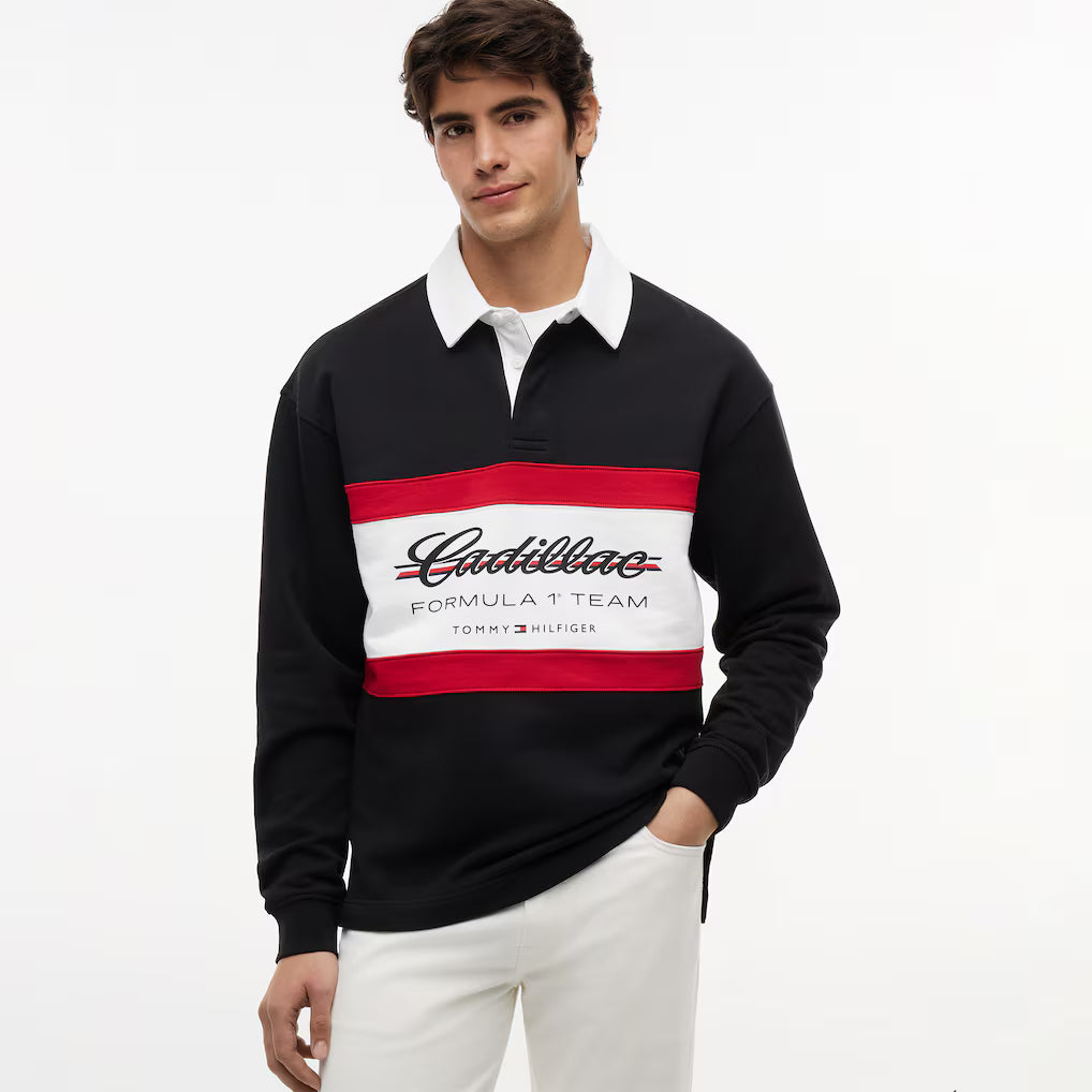 Cadillac F1 Racing Script Rugby Long Sleeve Polo Shirt - Black Polos Cadillac F1 