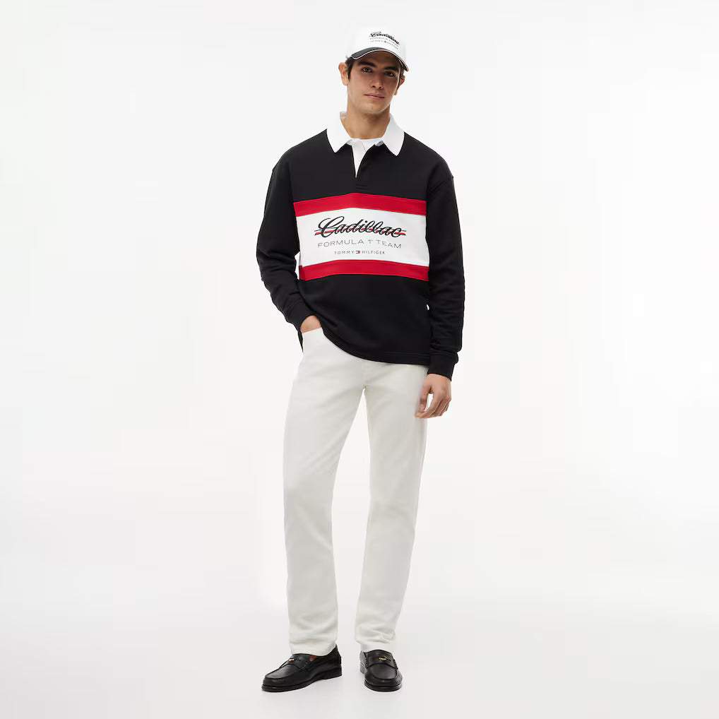 Cadillac F1 Racing Script Rugby Long Sleeve Polo Shirt - Black Polos Cadillac F1 