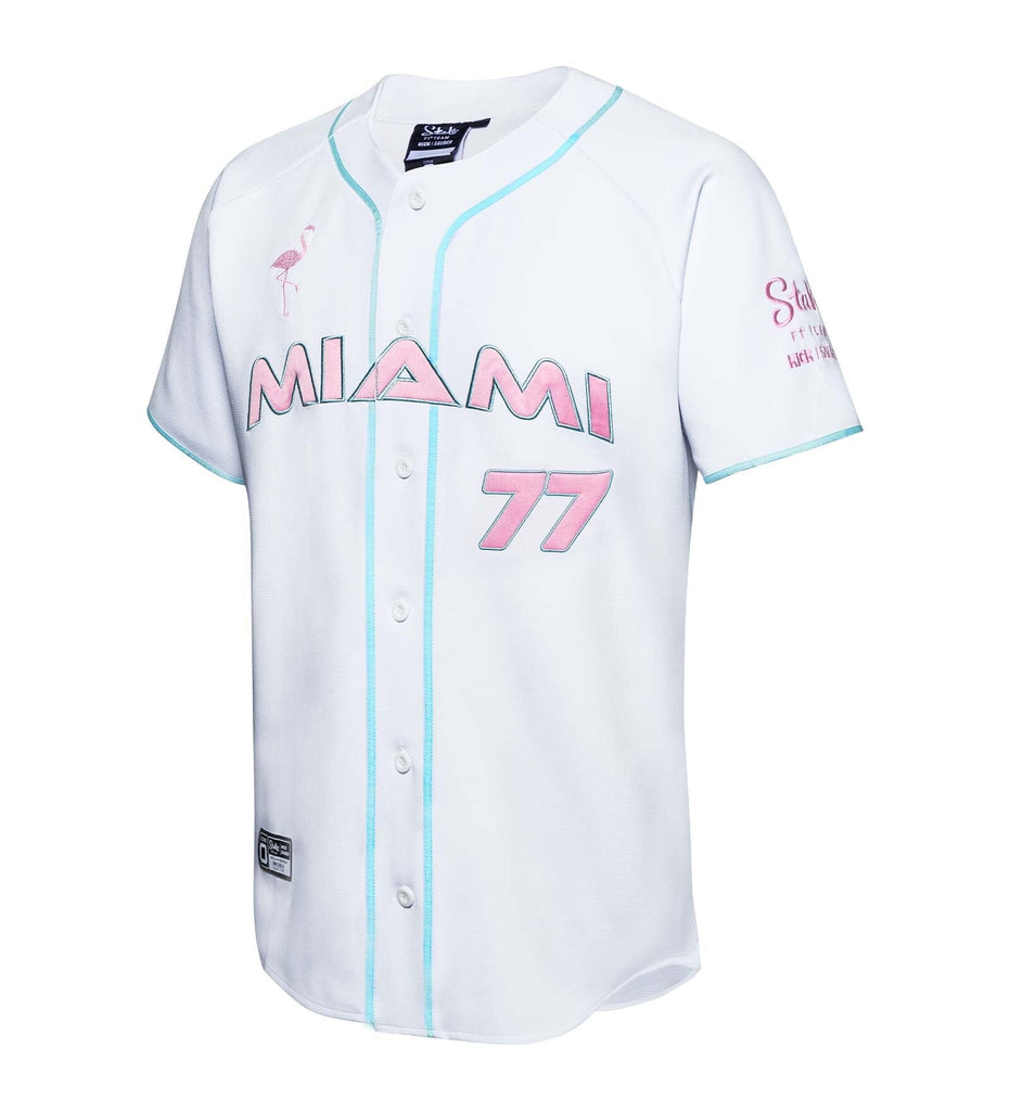 Stake F1 Kick Sauber Men's Special Edition Miami GP Flamingo White Baseball Jersey - Bottas/Zhou T-shirts Stake F1 Kick Sauber 
