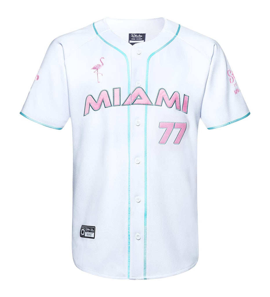 Stake F1 Kick Sauber Men's Special Edition Miami GP Flamingo White Baseball Jersey - Bottas/Zhou T-shirts Stake F1 Kick Sauber 