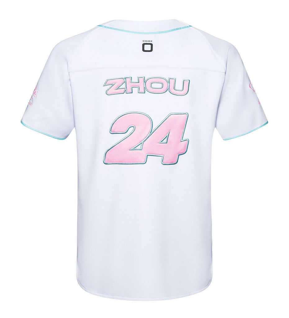 Stake F1 Kick Sauber Men's Special Edition Miami GP Flamingo White Baseball Jersey - Bottas/Zhou T-shirts Stake F1 Kick Sauber S Zhou Guanyu 