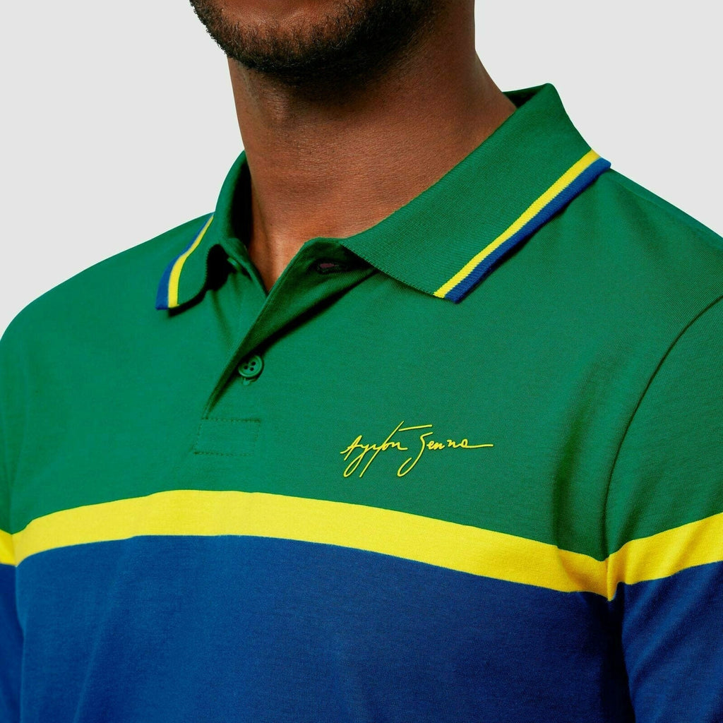 Ayrton Senna Men's Fanwear Strip Polo Shirt- Navy Polos Pale Goldenrod