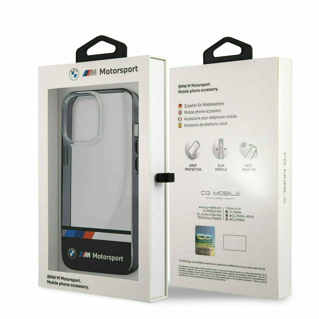 BMW Motorsports Hard Transparent Case Black "M" Logo Tri-Color & Stripes - iPhone 13 Phone Cases Light Gray