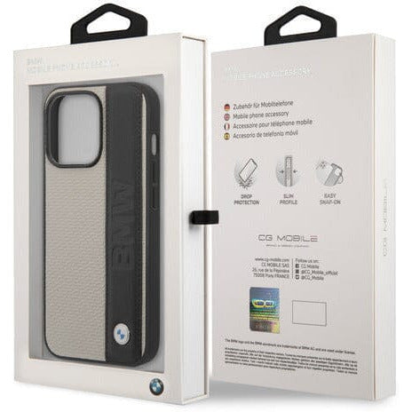 BMW Motorsports LEATHER BEIGE SIGNATURE COLLECTION CASE TEXTURED AND BIG LOGO STRIPE - iPhone 14 Phone Cases Light Gray