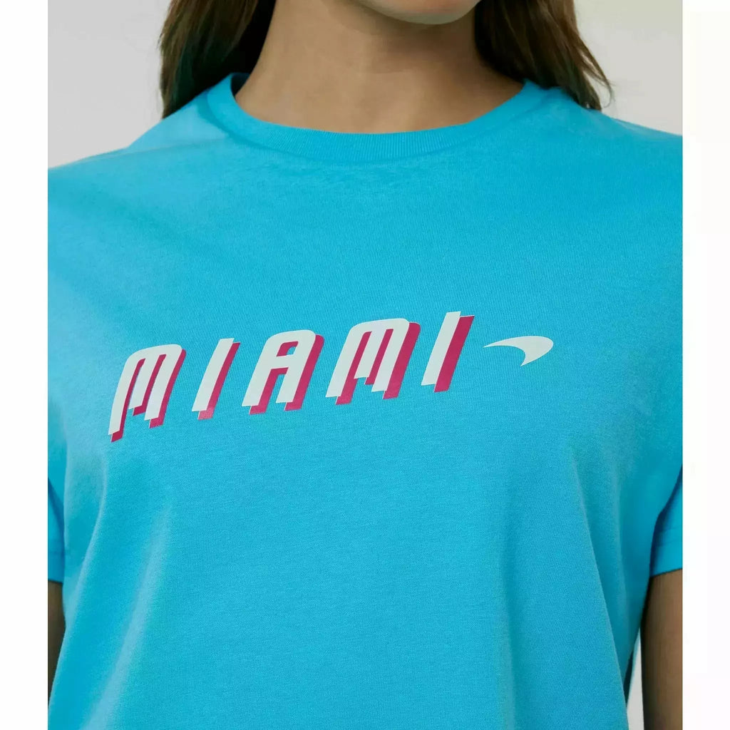 McLaren F1 Women's Miami Neon Graphic T-Shirt-White/Vice Blue/Beetroot Purple/Crystal Rose T-shirts Light Sea Green