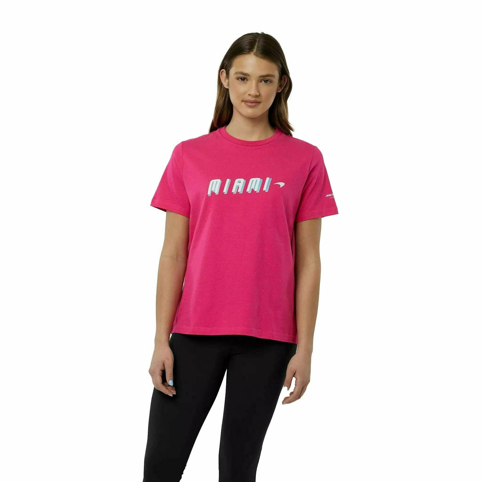McLaren F1 Women's Miami Neon Graphic T-Shirt-White/Vice Blue/Beetroot Purple/Crystal Rose T-shirts Maroon