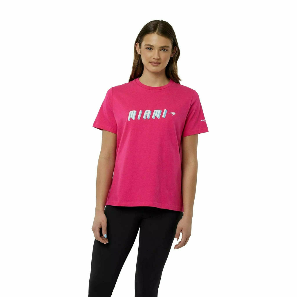 McLaren F1 Women's Miami Neon Graphic T-Shirt-White/Vice Blue/Beetroot Purple/Crystal Rose T-shirts Maroon
