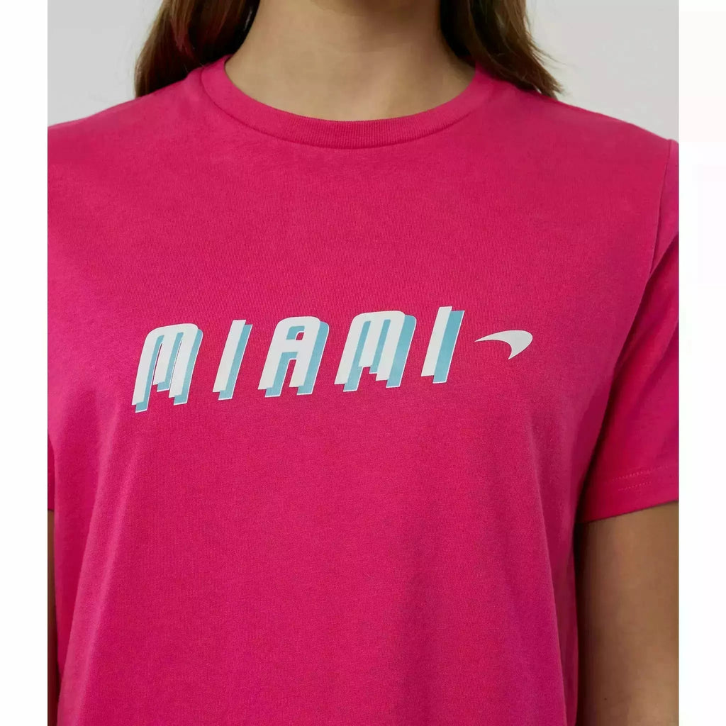 McLaren F1 Women's Miami Neon Graphic T-Shirt-White/Vice Blue/Beetroot Purple/Crystal Rose T-shirts Maroon