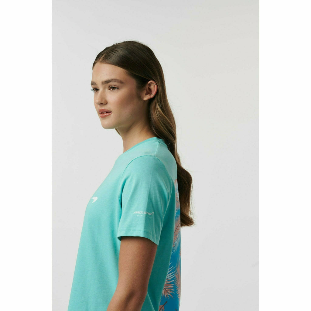 McLaren F1 Women's Miami Palm Graphic T-Shirt-Crystal Rose/Aqua Sky T-shirts Light Gray