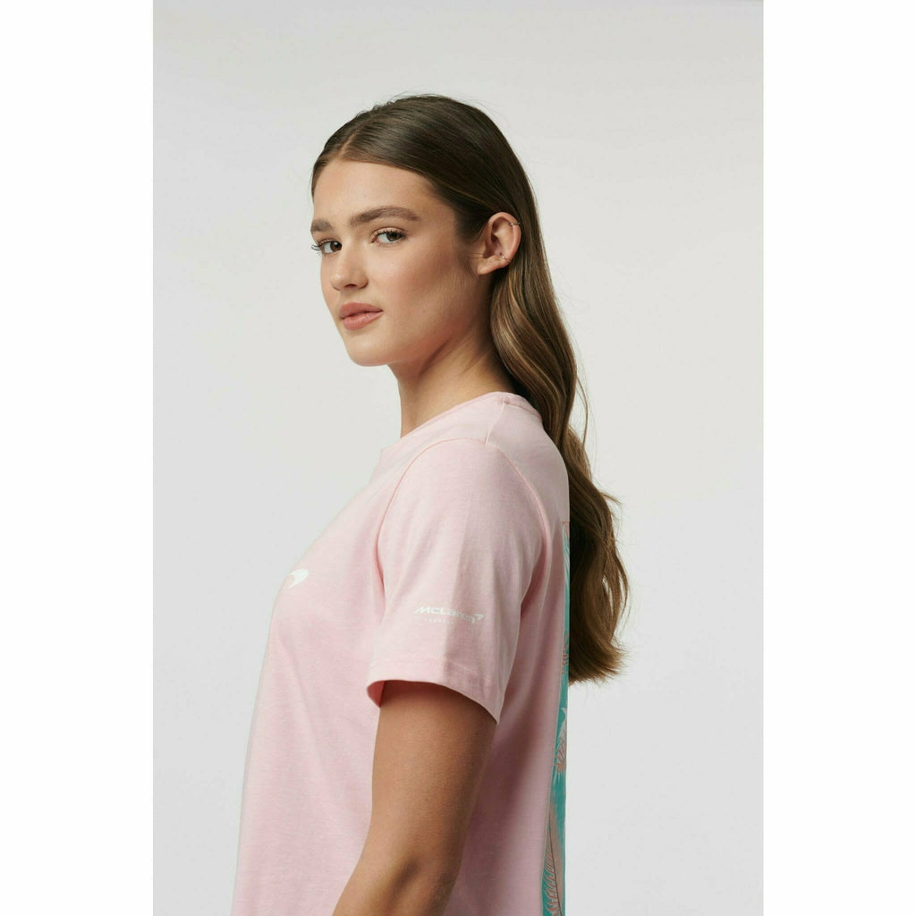 McLaren F1 Women's Miami Palm Graphic T-Shirt-Crystal Rose/Aqua Sky T-shirts Light Gray