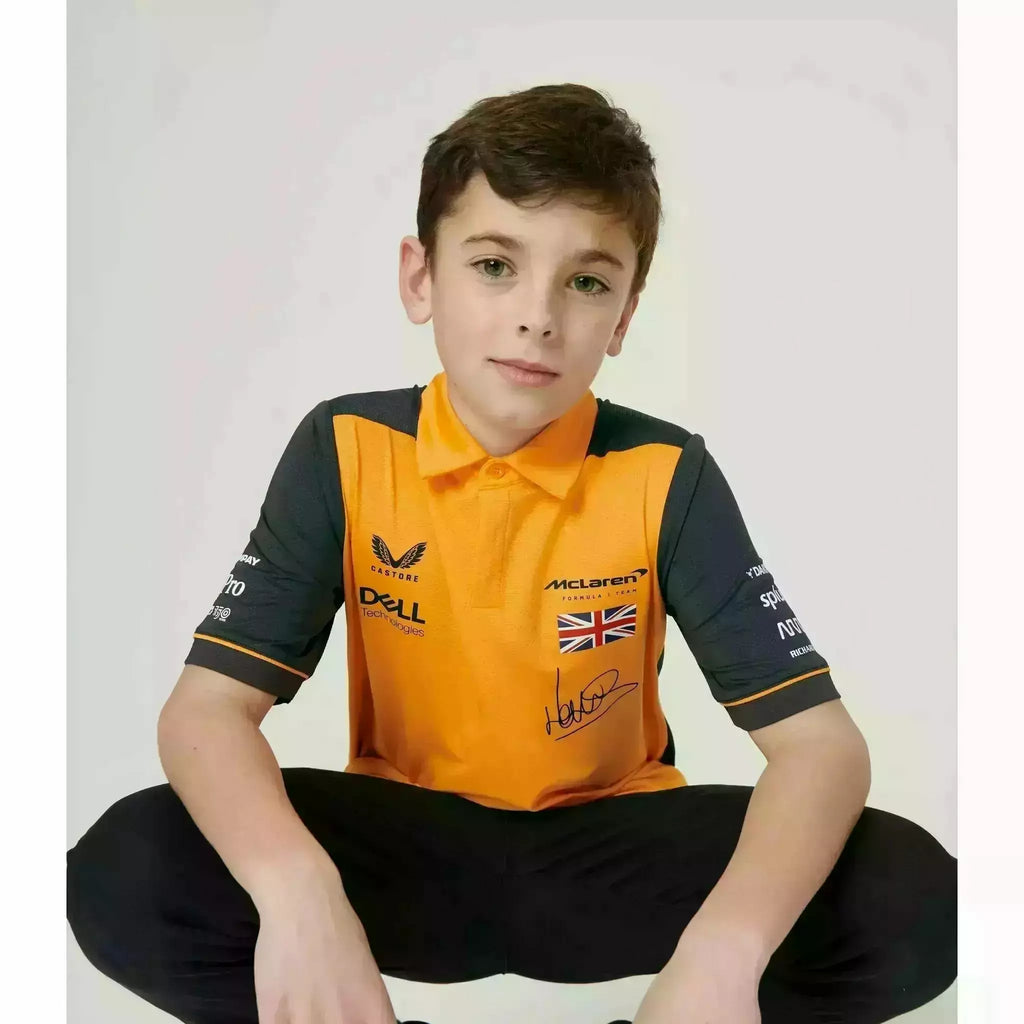 McLaren F1 Kids 2022 Lando Norris Drivers Polo Shirt- Youth Papaya/Phantom Polos Black
