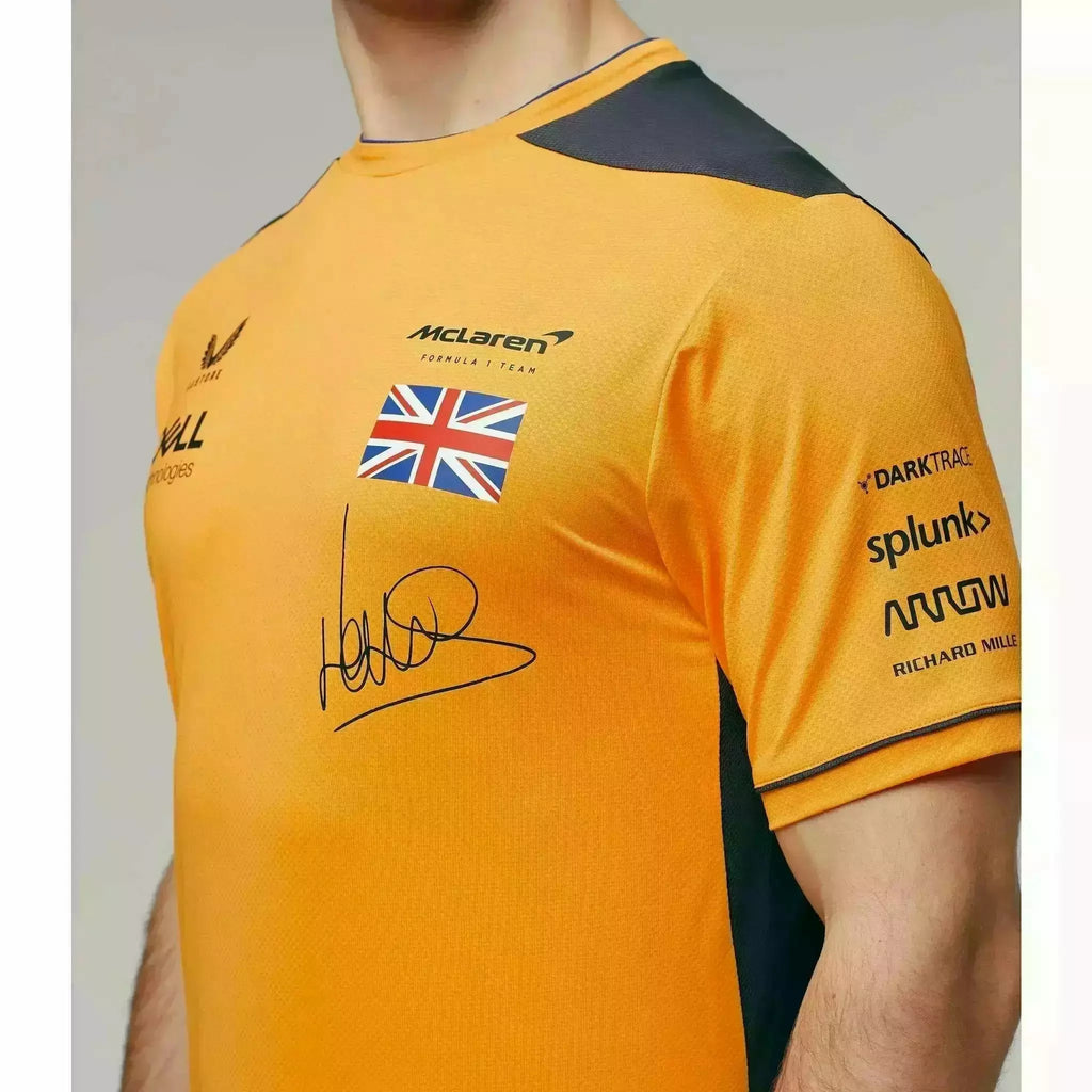 McLaren F1 Men's 2022 Lando Norris Team Replica Set Up T-Shirt - Papaya/Phantom T-shirts Goldenrod